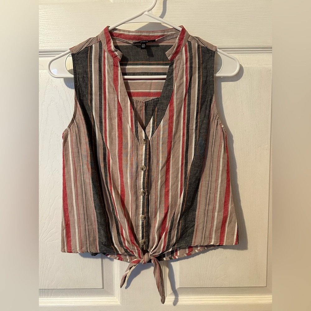DREW Anthropologie Striped Sleeveless V Neck Button Up Tie Bottom Tank Top